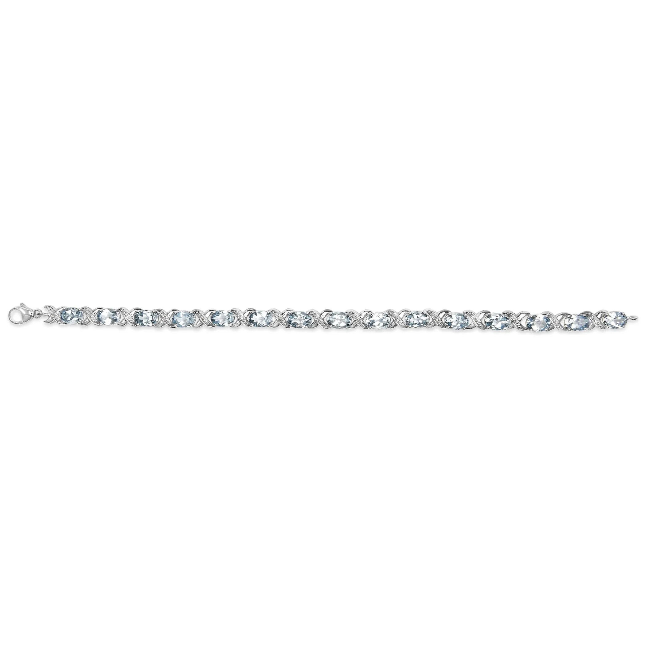 .925 Sterling Silver 16.0 Cttw Oval Blue Topaz and Diamond Accent Tennis X Link Bracelet (I-J Color, I1-I2 Clarity) - Size 7" Inch