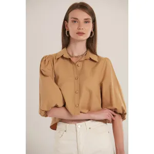 Beige Elastic Sleeve Short Shirt