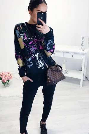 Black Distressed Paint Splatter Jumper - Mina