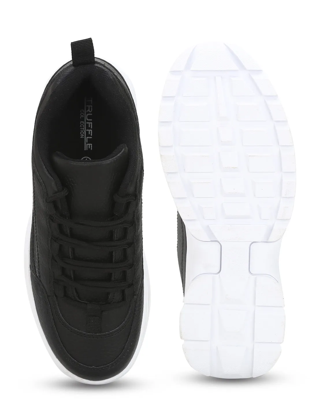 Black PU Cleated Bottom Flatform Lace-Up Sneakers