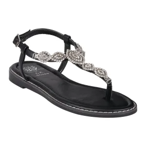 Cali Black Jeweled T-Strap Slingback Flat Sandals