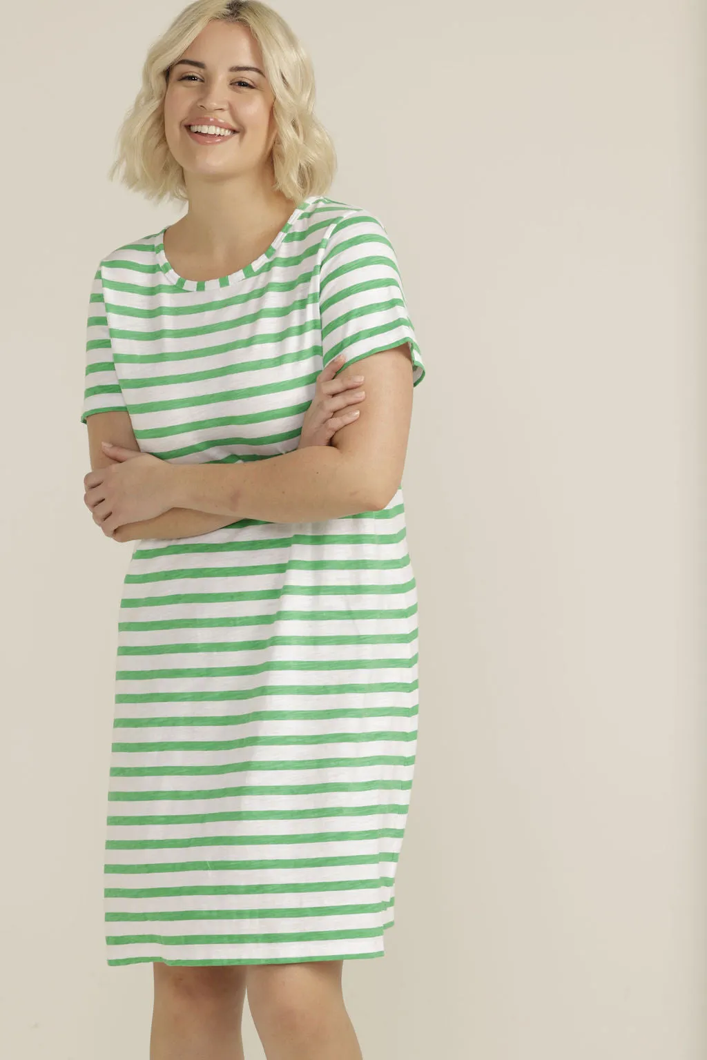 Cotton Stripe Tee Dress White/Green