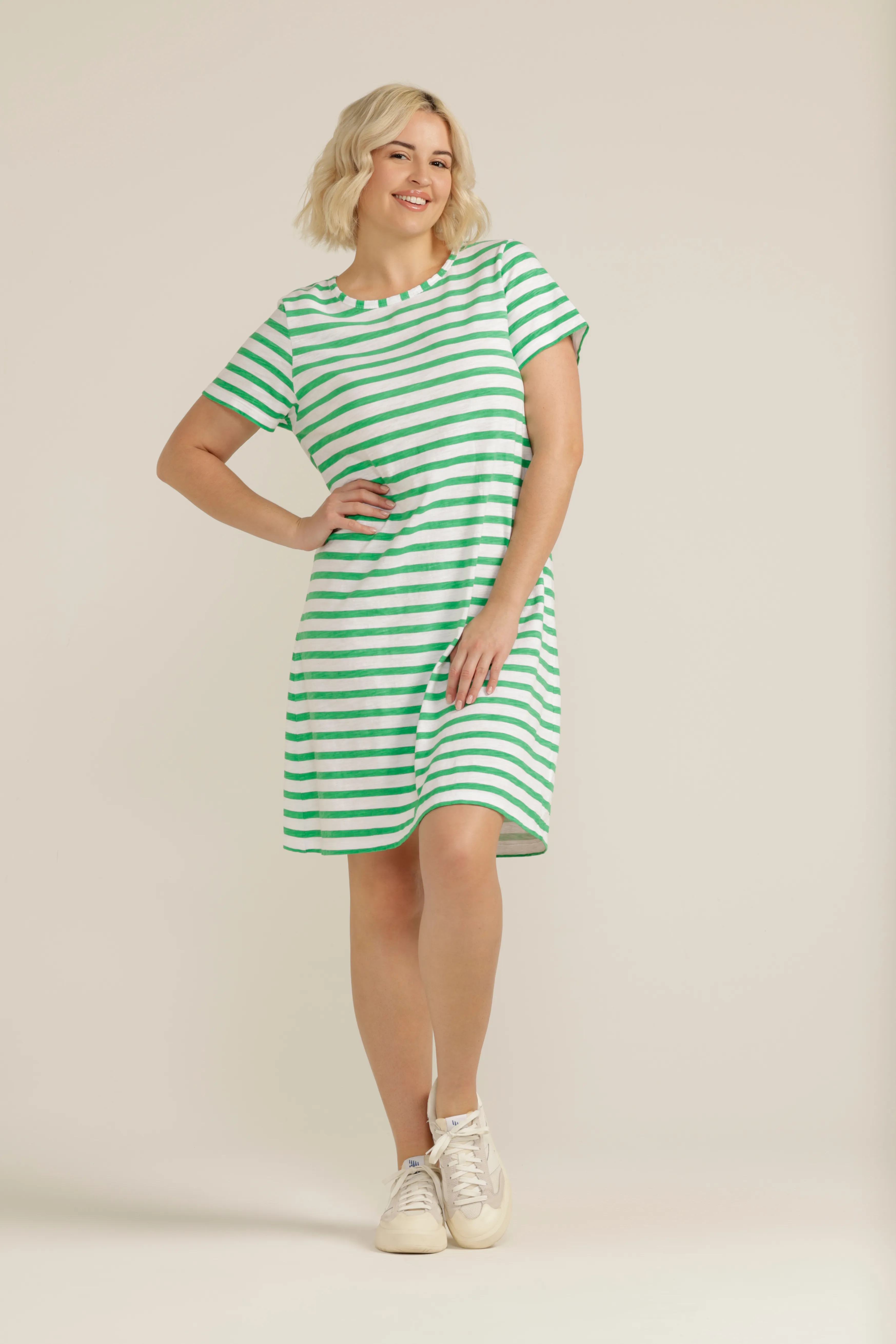 Cotton Stripe Tee Dress White/Green