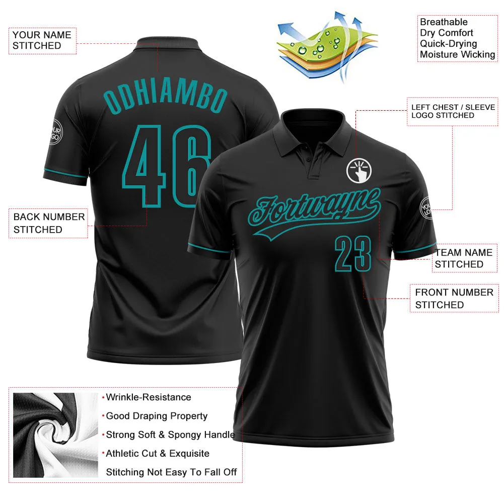 Custom Black Black-Teal Performance Vapor Golf Polo Shirt