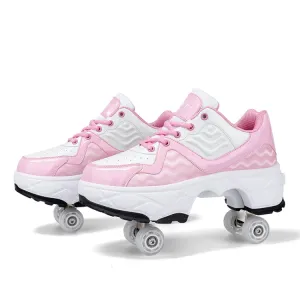 Deformable Four-wheel Retractable Double-row Dual-purpose Roller Skates, Size: 37(DF09 Pink)