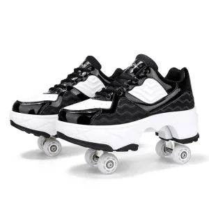 Deformable Four-wheel Retractable Double-row Dual-purpose Roller Skates, Size: 39(DF09 Black)