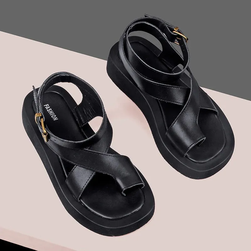 Genuine Leather Single Toe Roman Sandals with Buckle