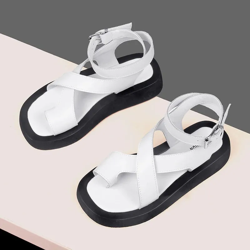 Genuine Leather Single Toe Roman Sandals with Buckle