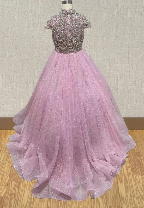 Halter Beaded Bodice Little Girls Stunning Pink Evening Gown