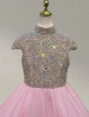 Halter Beaded Bodice Little Girls Stunning Pink Evening Gown