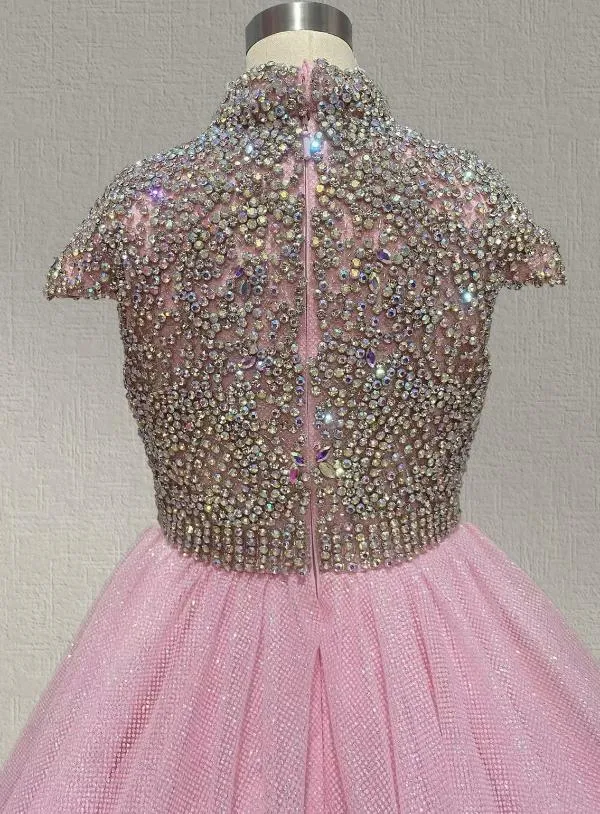 Halter Beaded Bodice Little Girls Stunning Pink Evening Gown