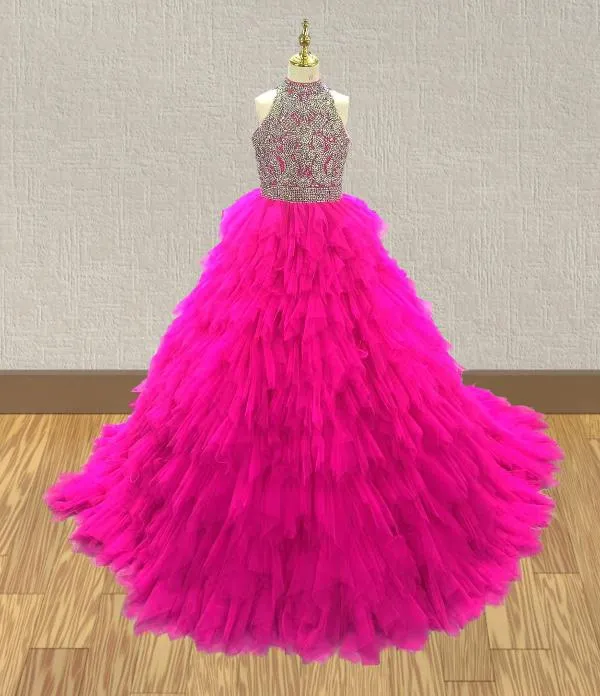 Halter Sparkly Hot Pink Tween Evening Ball Gown