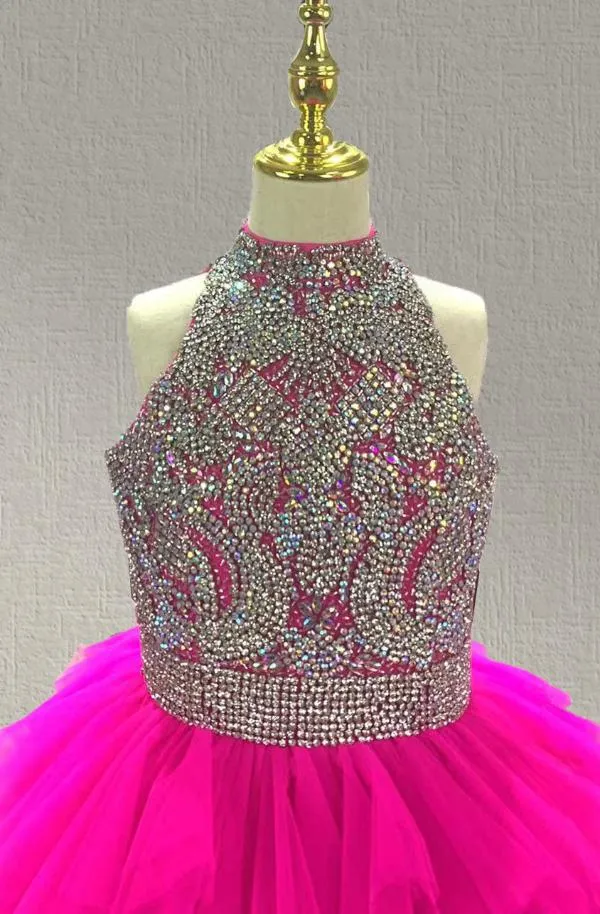 Halter Sparkly Hot Pink Tween Evening Ball Gown