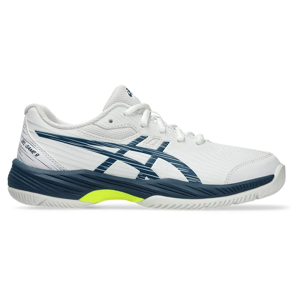 Juniors Gel-Game 9 GS Tennis Shoes White and Mako Blue