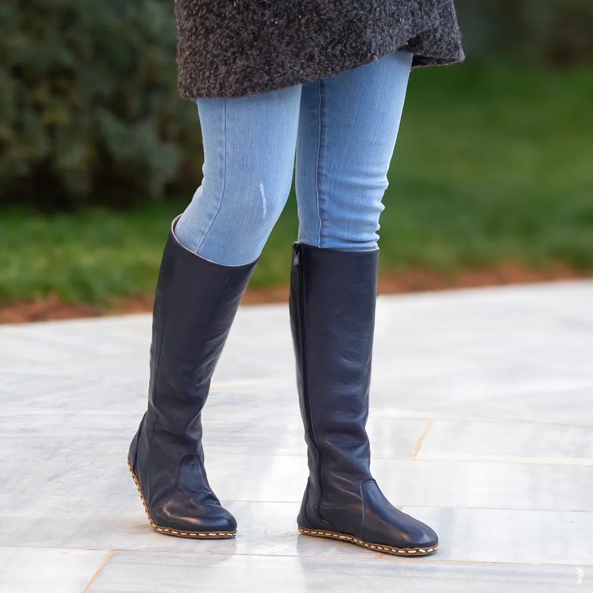 Navy Blue Women's Leather Barefoot Earthing Long Boots