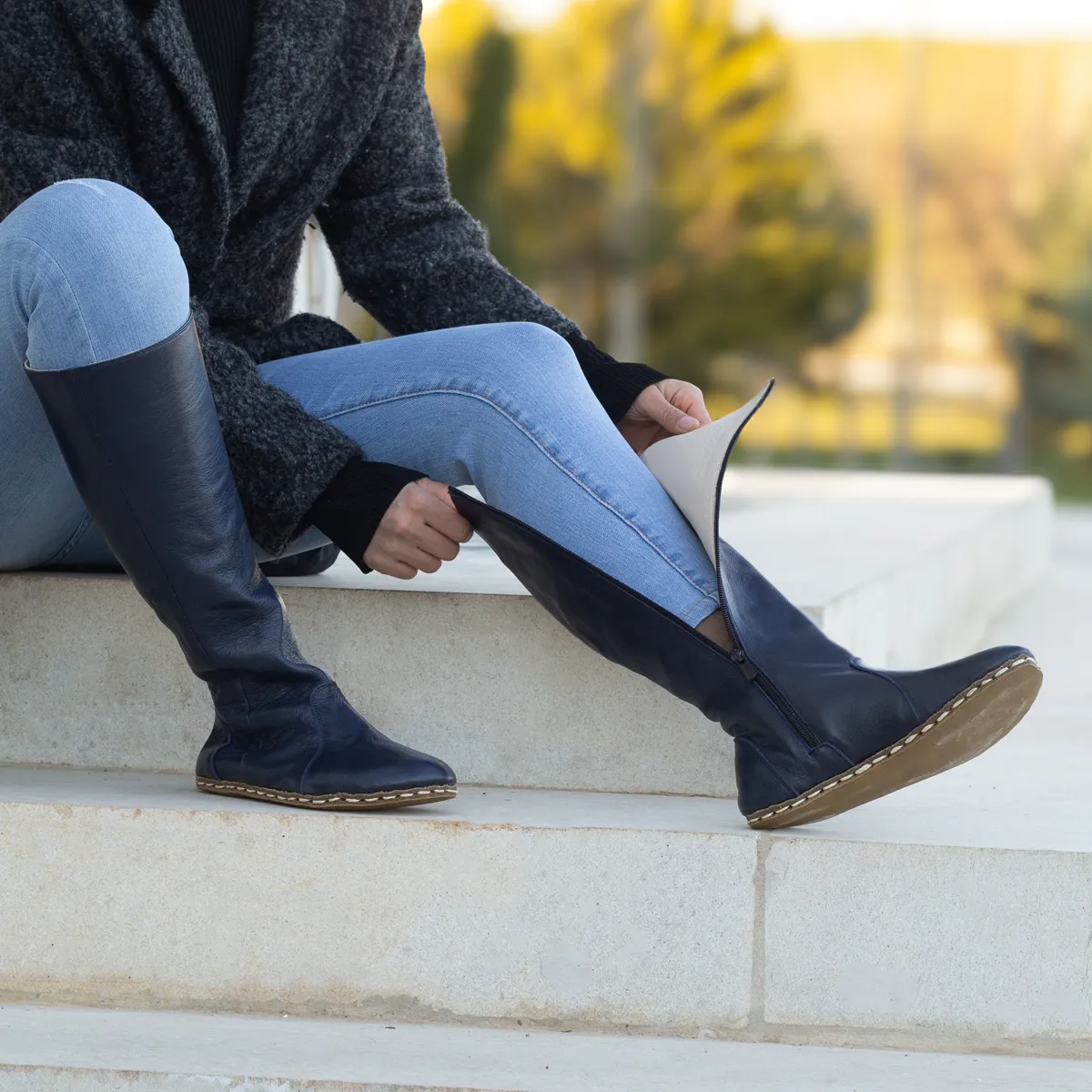 Navy Blue Women's Leather Barefoot Earthing Long Boots