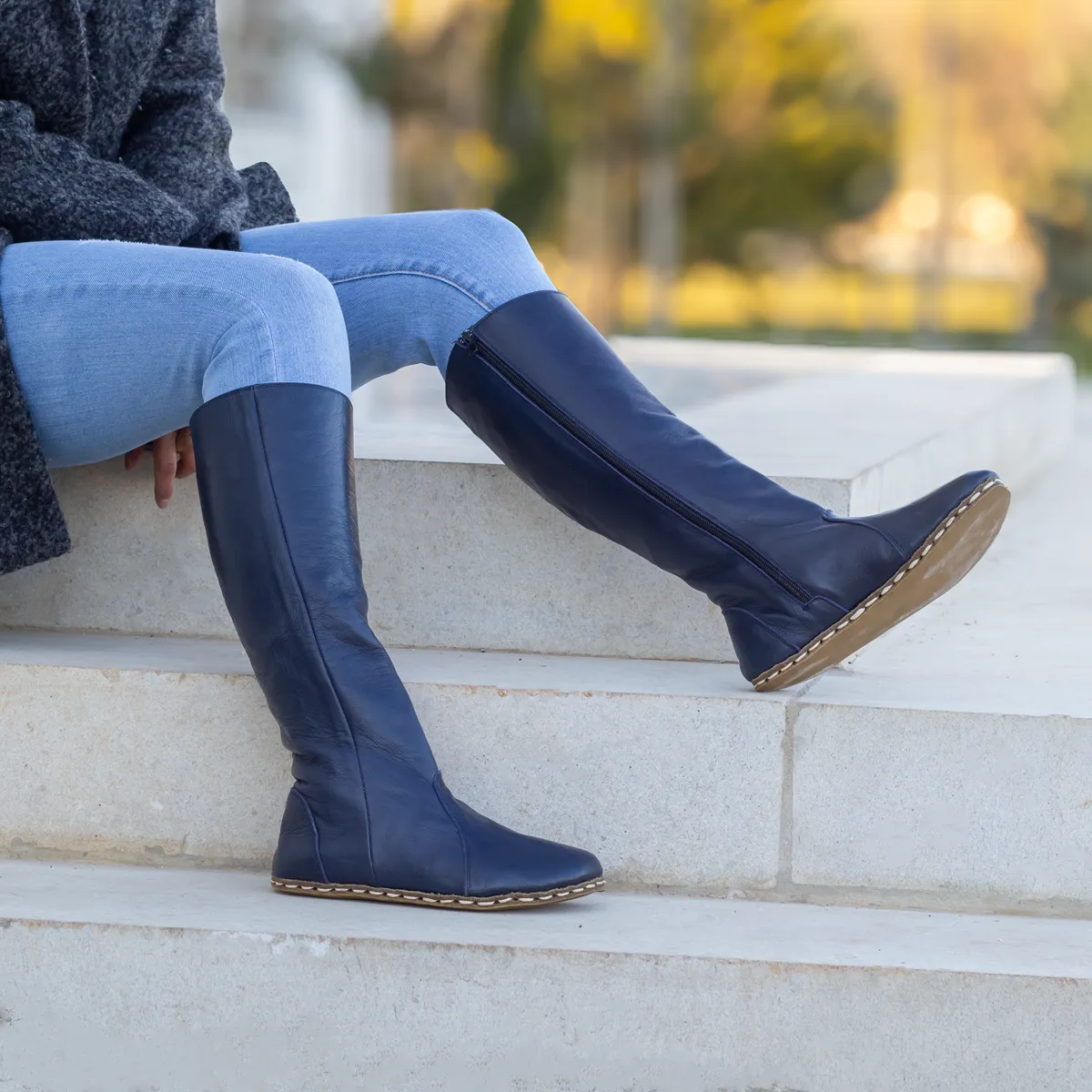 Navy Blue Women's Leather Barefoot Earthing Long Boots