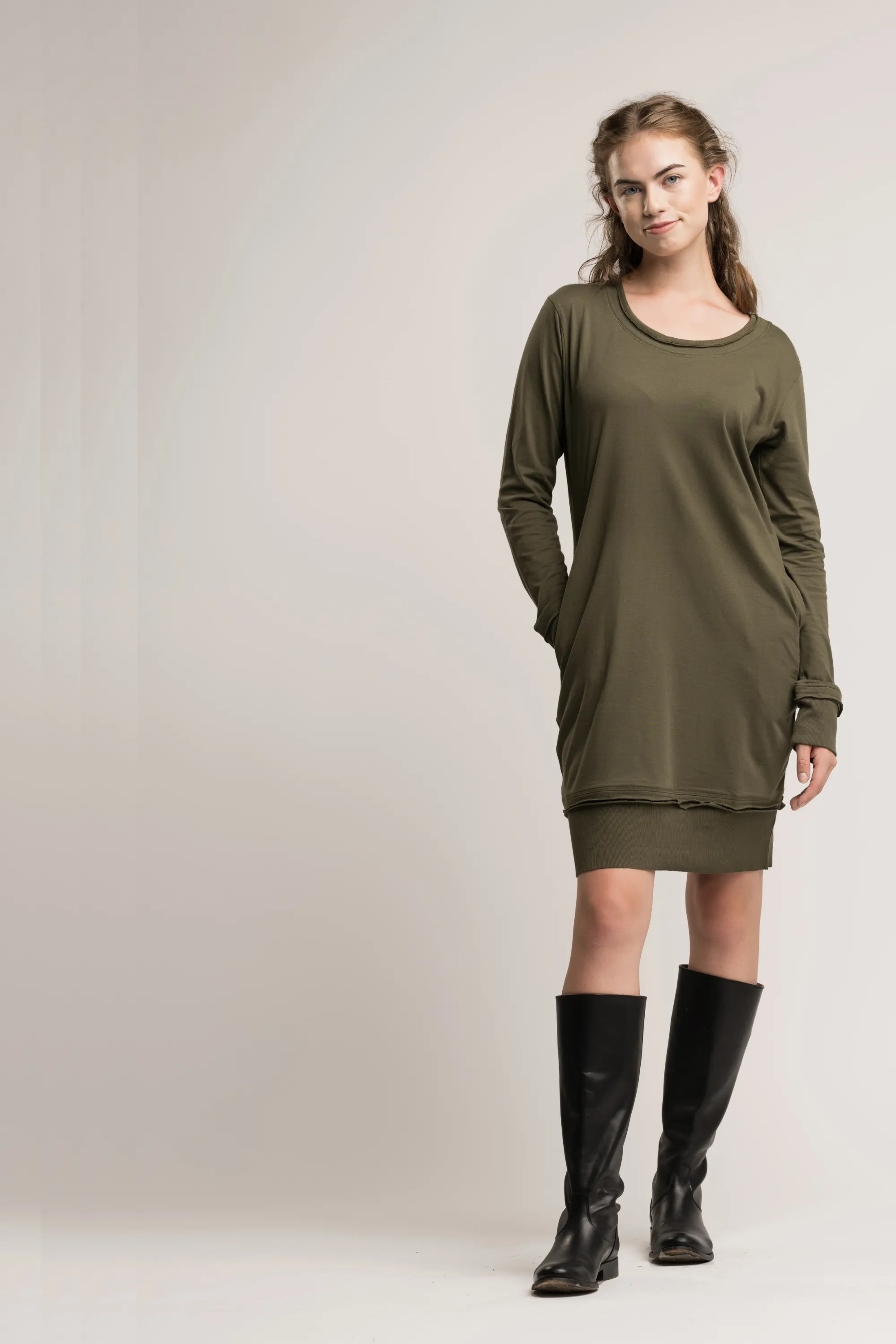 Olive Green Long Sleeve Pocket Dress