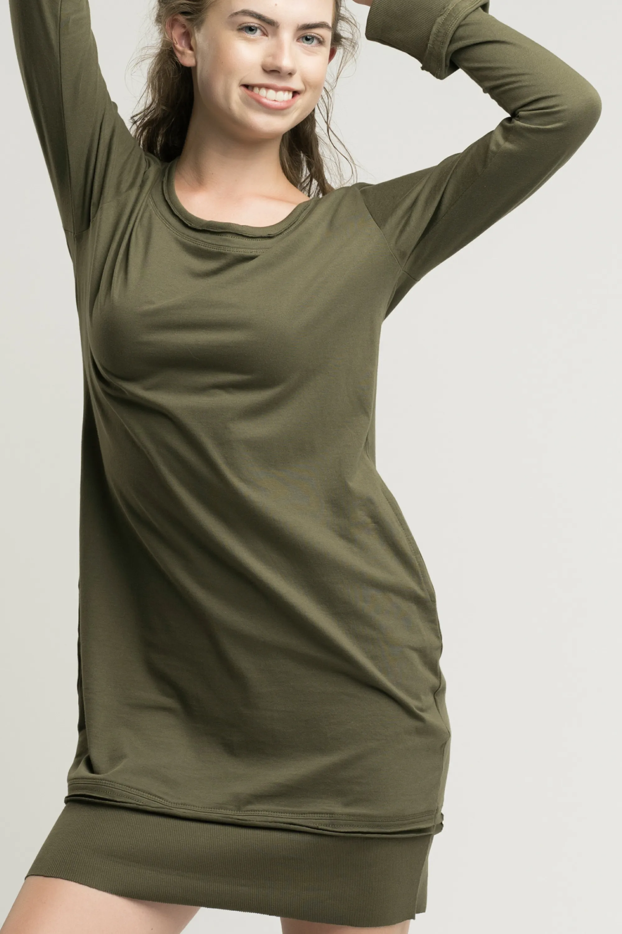 Olive Green Long Sleeve Pocket Dress