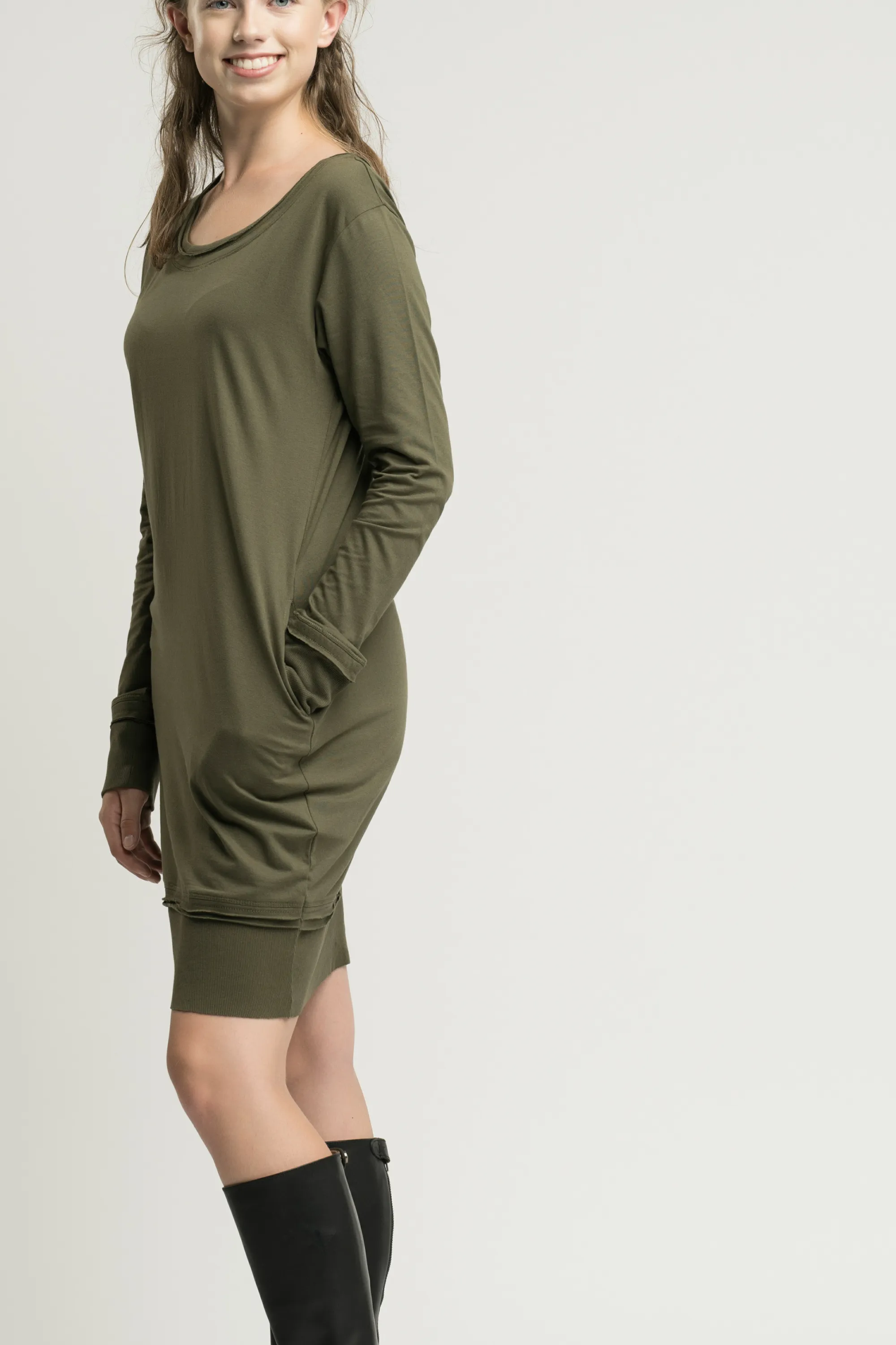 Olive Green Long Sleeve Pocket Dress