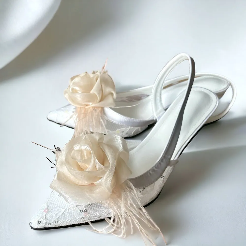 Organza Rose Fabric Flower Feather Shoes Clips, Handmade Decor - Champagne