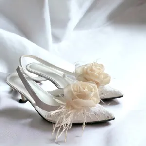 Organza Rose Fabric Flower Feather Shoes Clips, Handmade Decor - Champagne