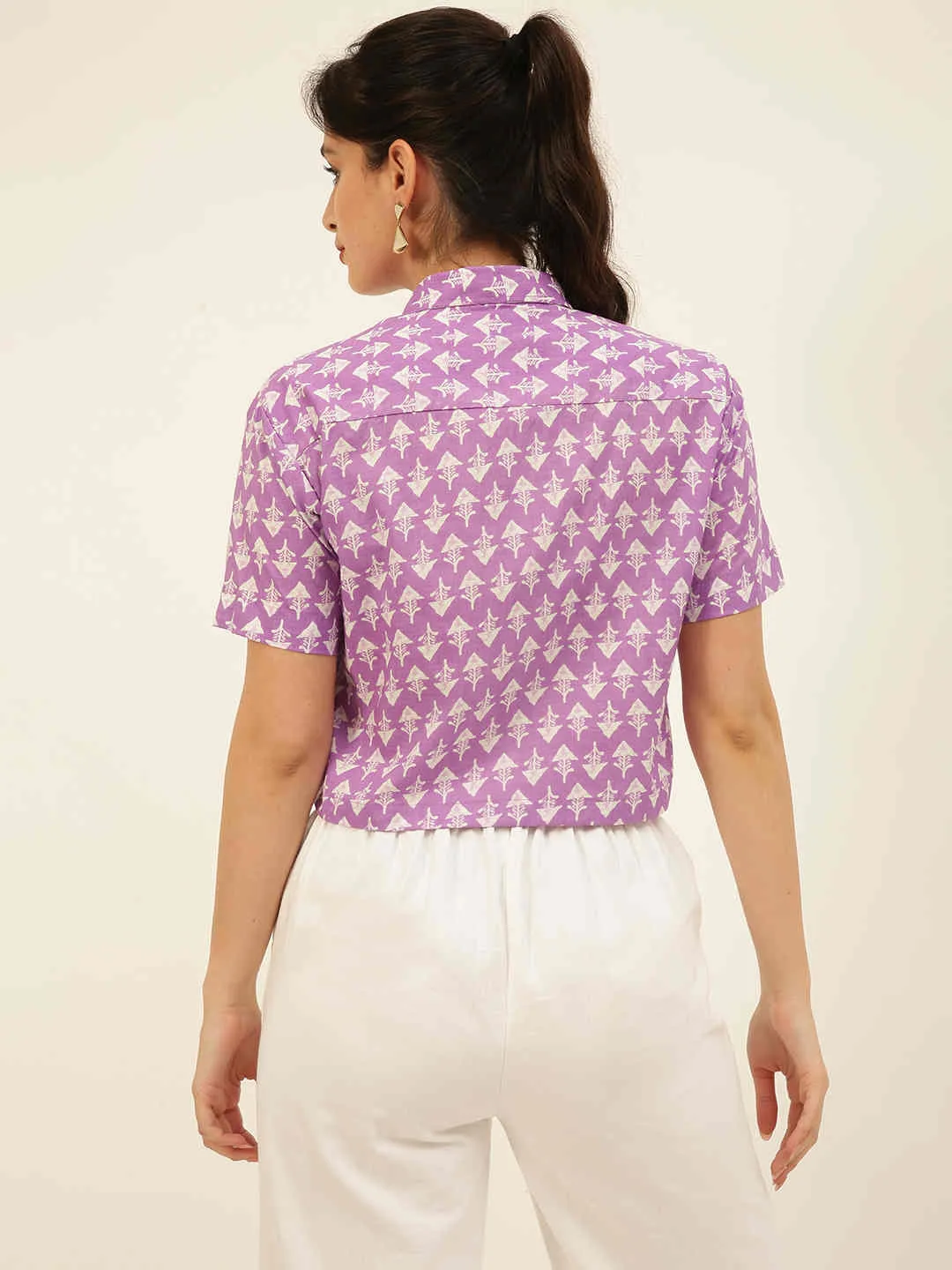 Premium Lavender Motifs HandBlock Printed Cotton Crop Shirt