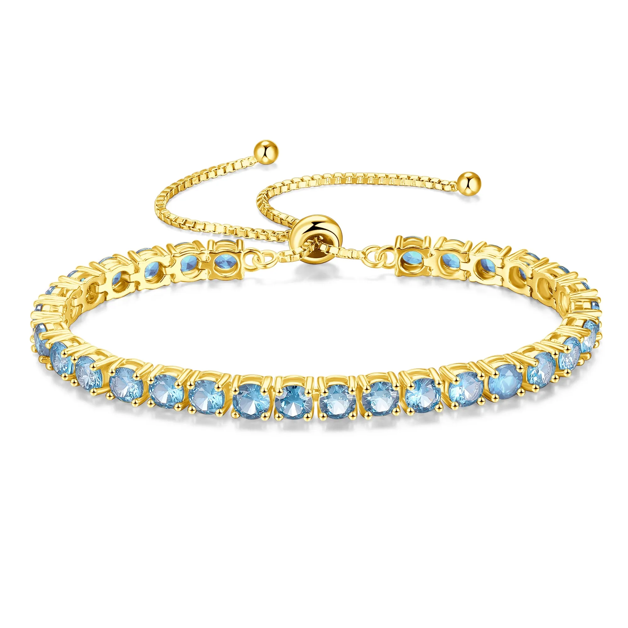 "Eternal Elegance" March Birthstone Aquamarine Sterling Silver Tennis Bracelet Classic Bolo Chain