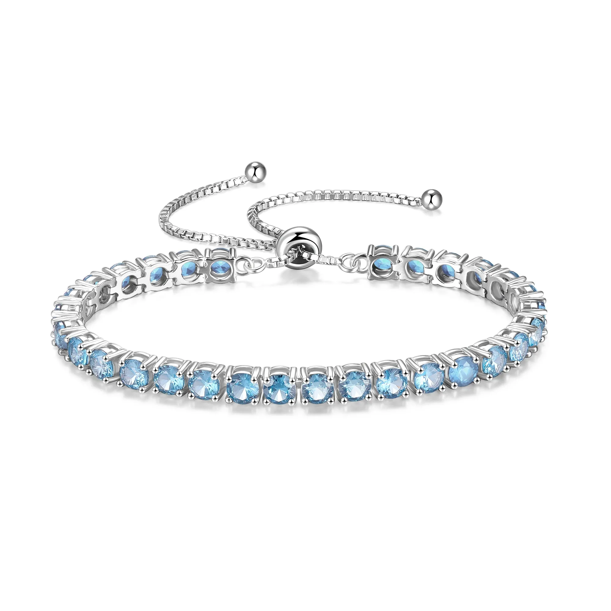 "Eternal Elegance" March Birthstone Aquamarine Sterling Silver Tennis Bracelet Classic Bolo Chain