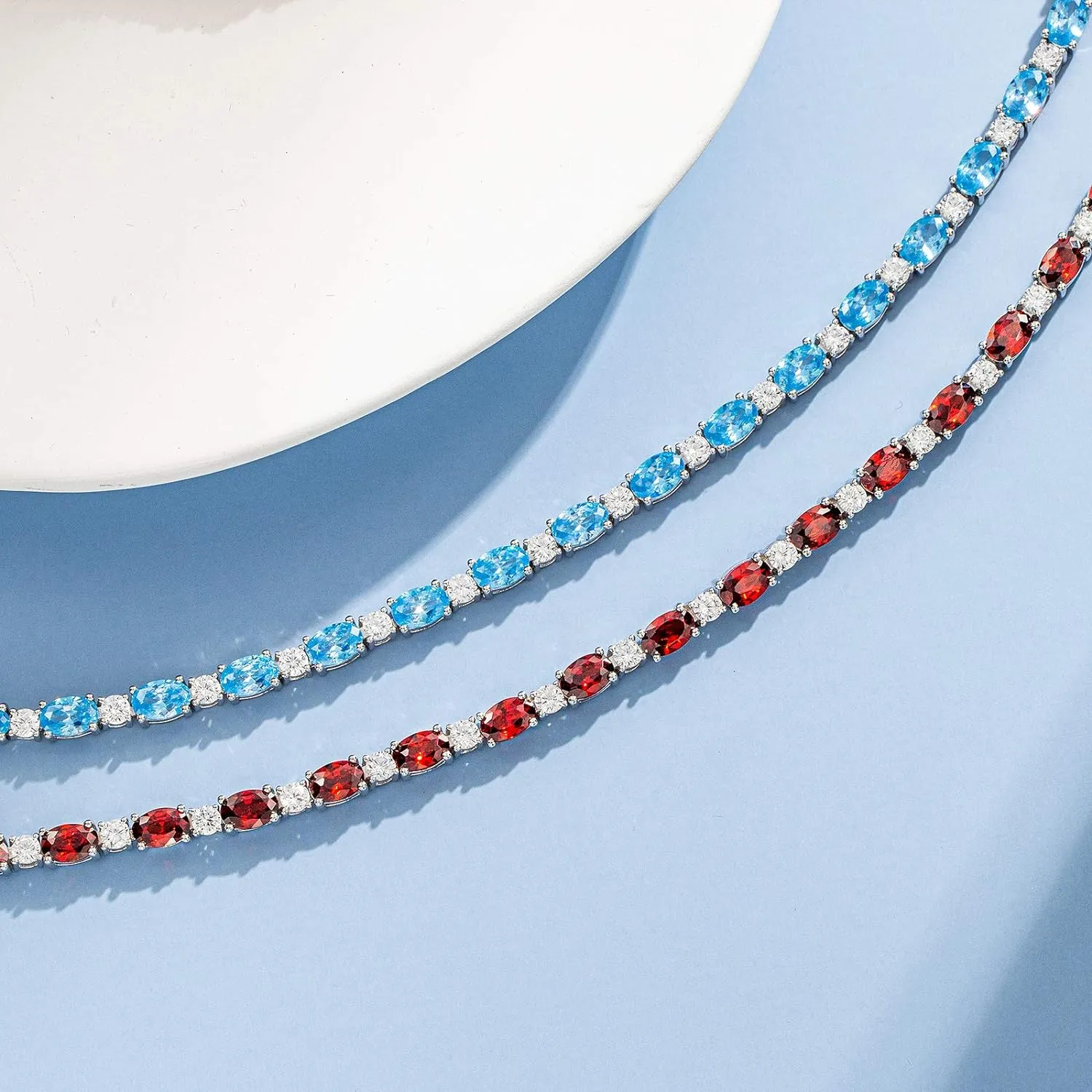 "Glamour Radiance" July Birthstone Fancy Cut Tennis Ruby Sterling Silver Bracelet