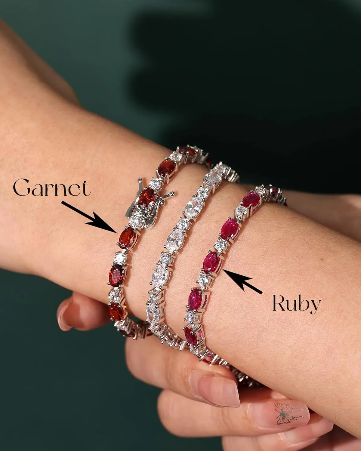 "Glamour Radiance" July Birthstone Fancy Cut Tennis Ruby Sterling Silver Bracelet