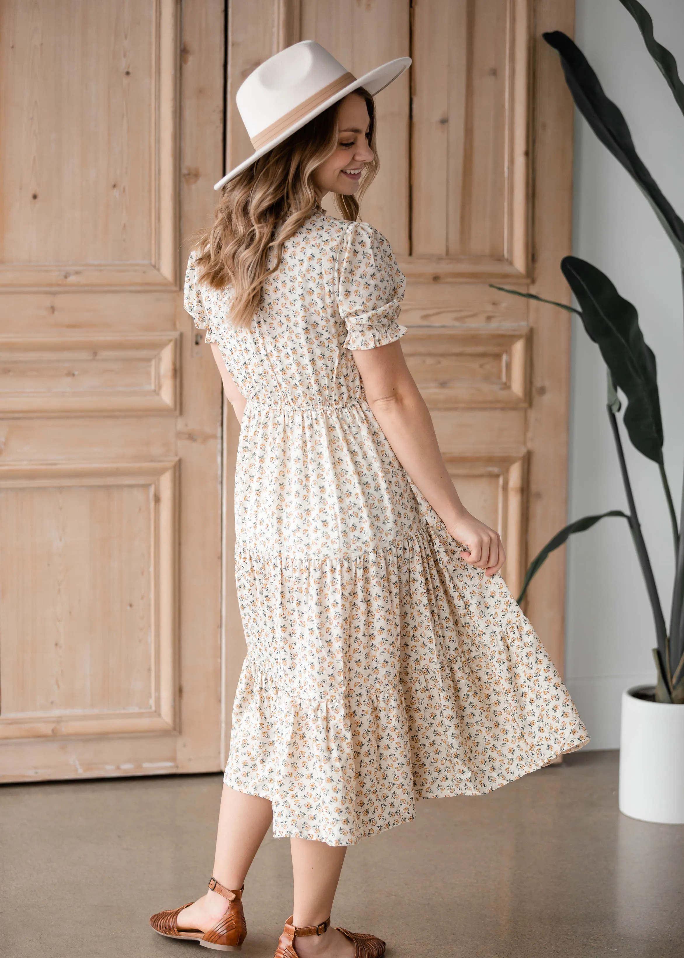 Ruffle Neck Smocked Tiered Midi Dress