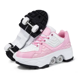 With Brakes Deformable Four-wheel Retractable Double-row Dual-purpose Roller Skates, Size: 33(DF08 Pink)