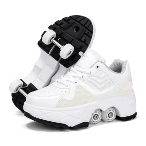 With Brakes Deformable Four-wheel Retractable Double-row Dual-purpose Roller Skates, Size: 37(DF08 White)