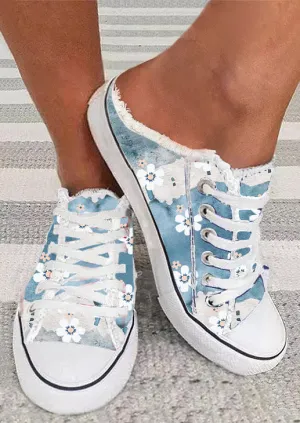 Women Flower Print Lace Up Canvas Sneakers Open Back Flats Slippers