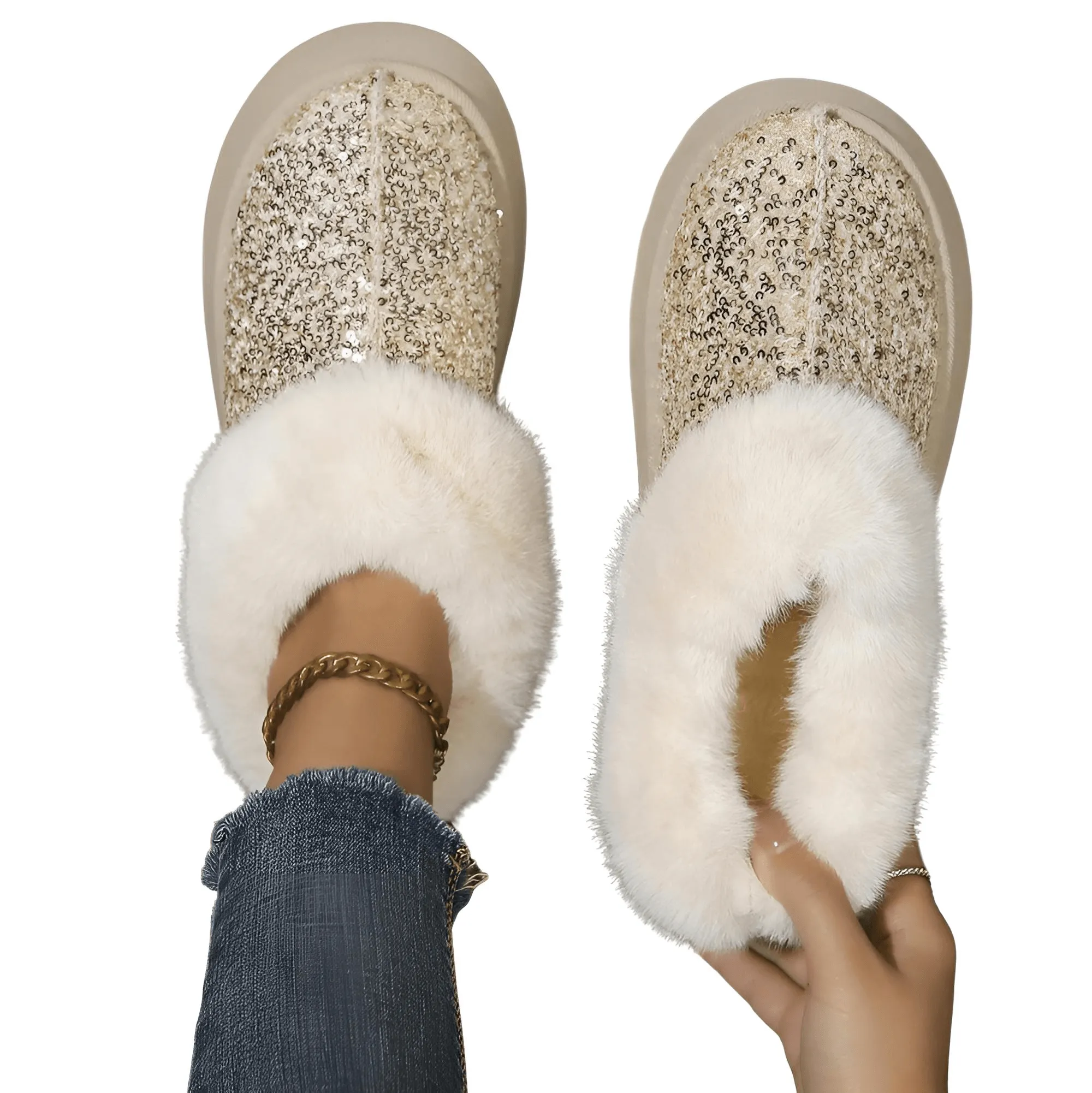 Women's Ankle Snow Boot Slippers Winter New Fashion Shiny Fur Short Plush Warm Flats Slippers Platform Shoes