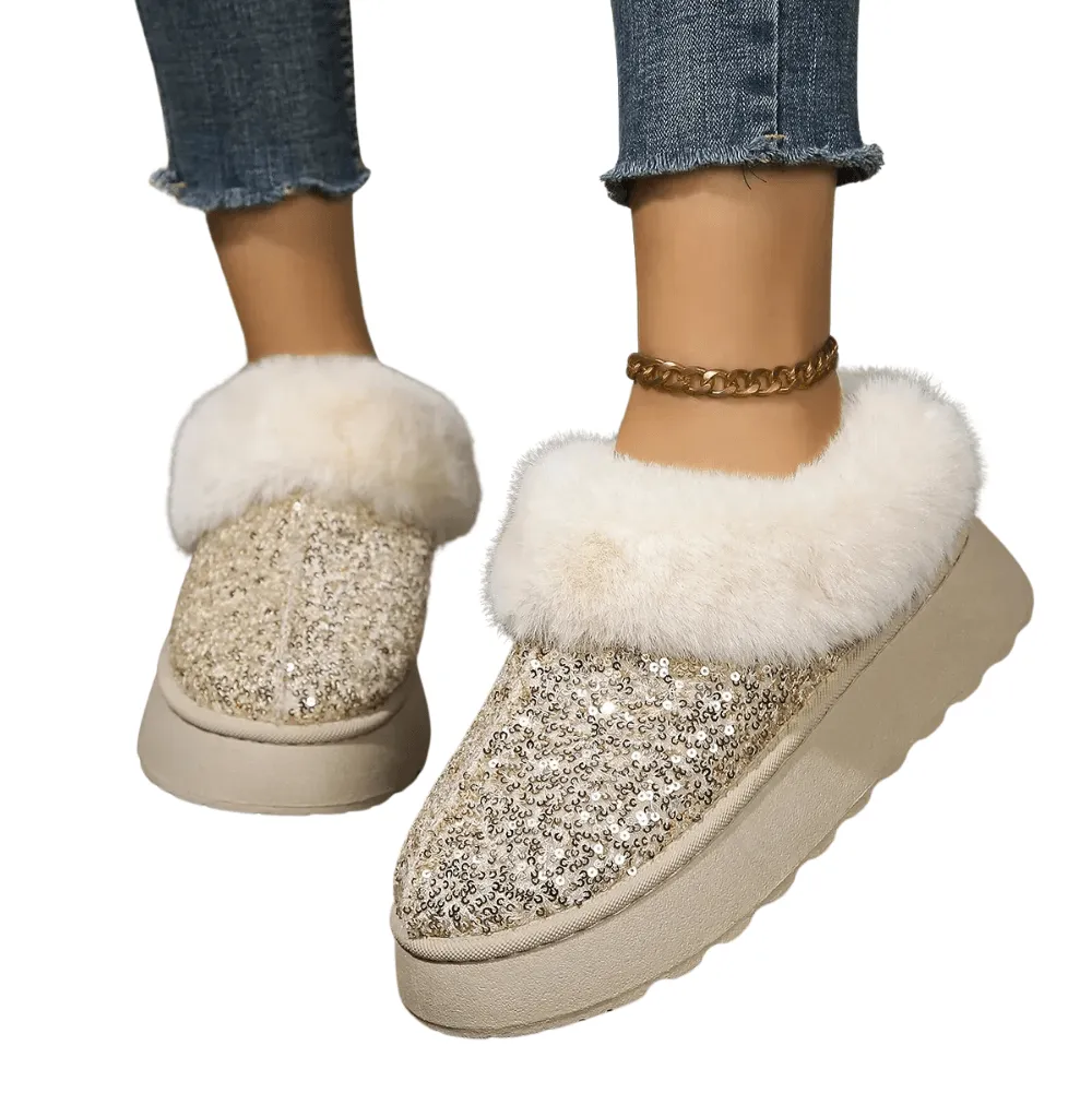 Women's Ankle Snow Boot Slippers Winter New Fashion Shiny Fur Short Plush Warm Flats Slippers Platform Shoes