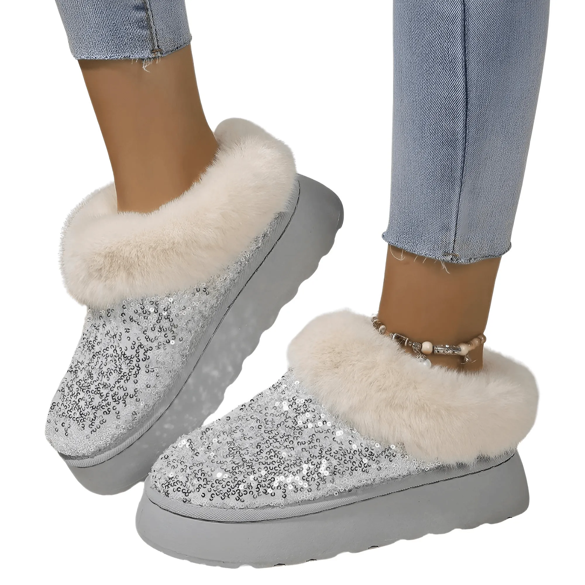 Women's Ankle Snow Boot Slippers Winter New Fashion Shiny Fur Short Plush Warm Flats Slippers Platform Shoes