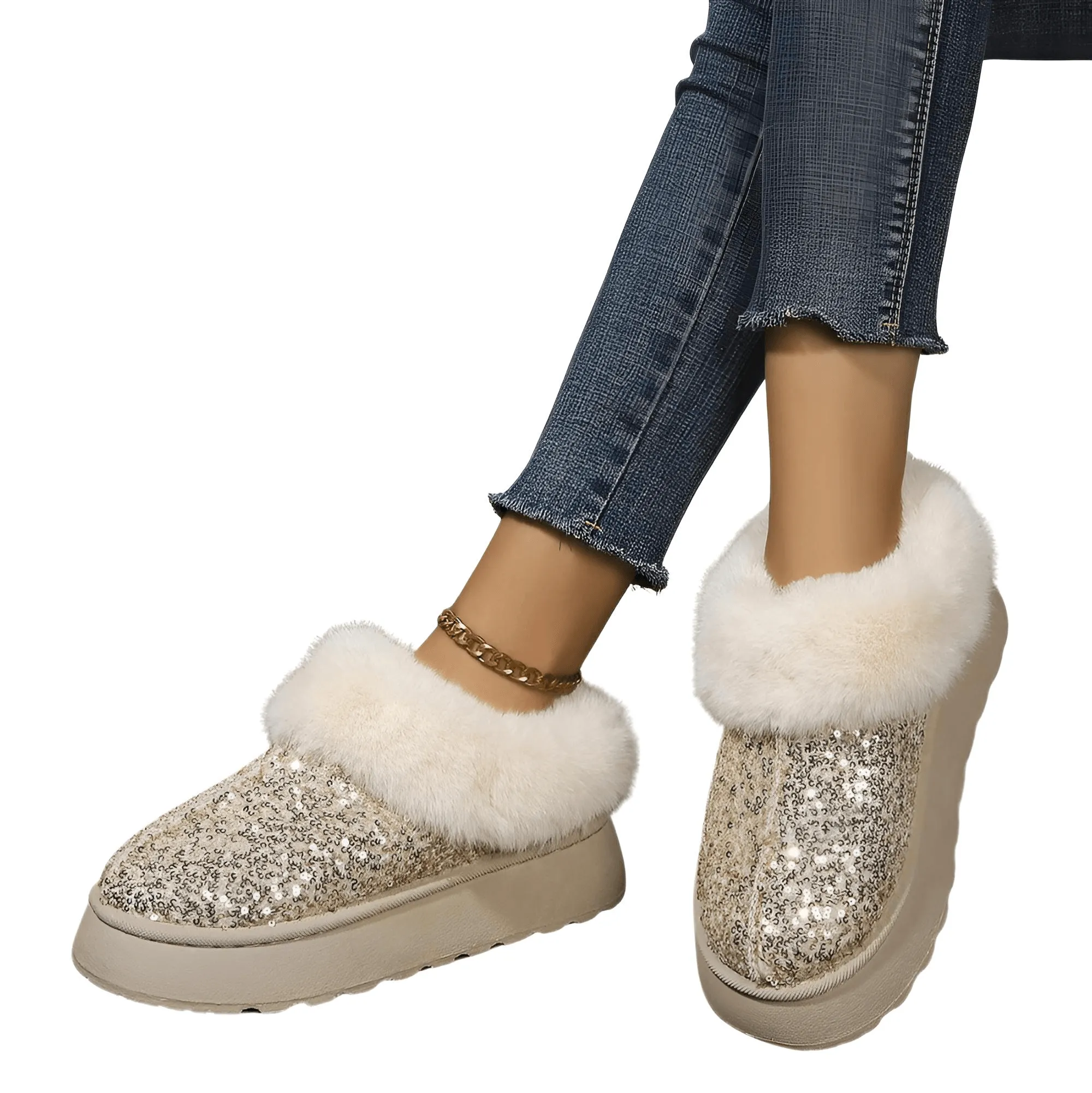 Women's Ankle Snow Boot Slippers Winter New Fashion Shiny Fur Short Plush Warm Flats Slippers Platform Shoes