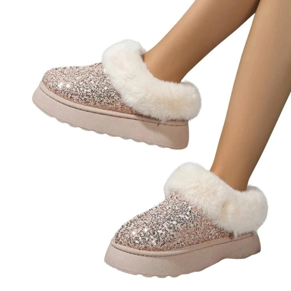 Women's Ankle Snow Boot Slippers Winter New Fashion Shiny Fur Short Plush Warm Flats Slippers Platform Shoes