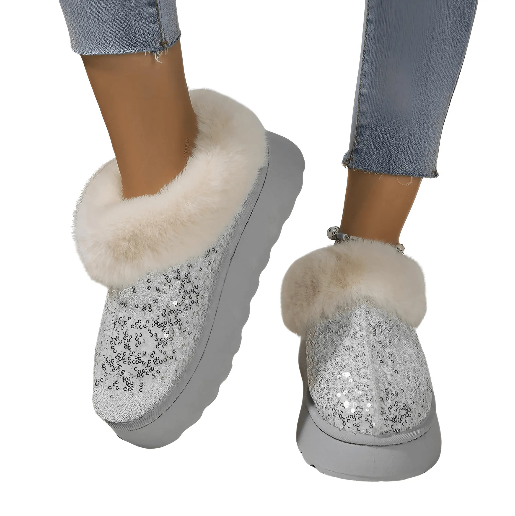 Women's Ankle Snow Boot Slippers Winter New Fashion Shiny Fur Short Plush Warm Flats Slippers Platform Shoes