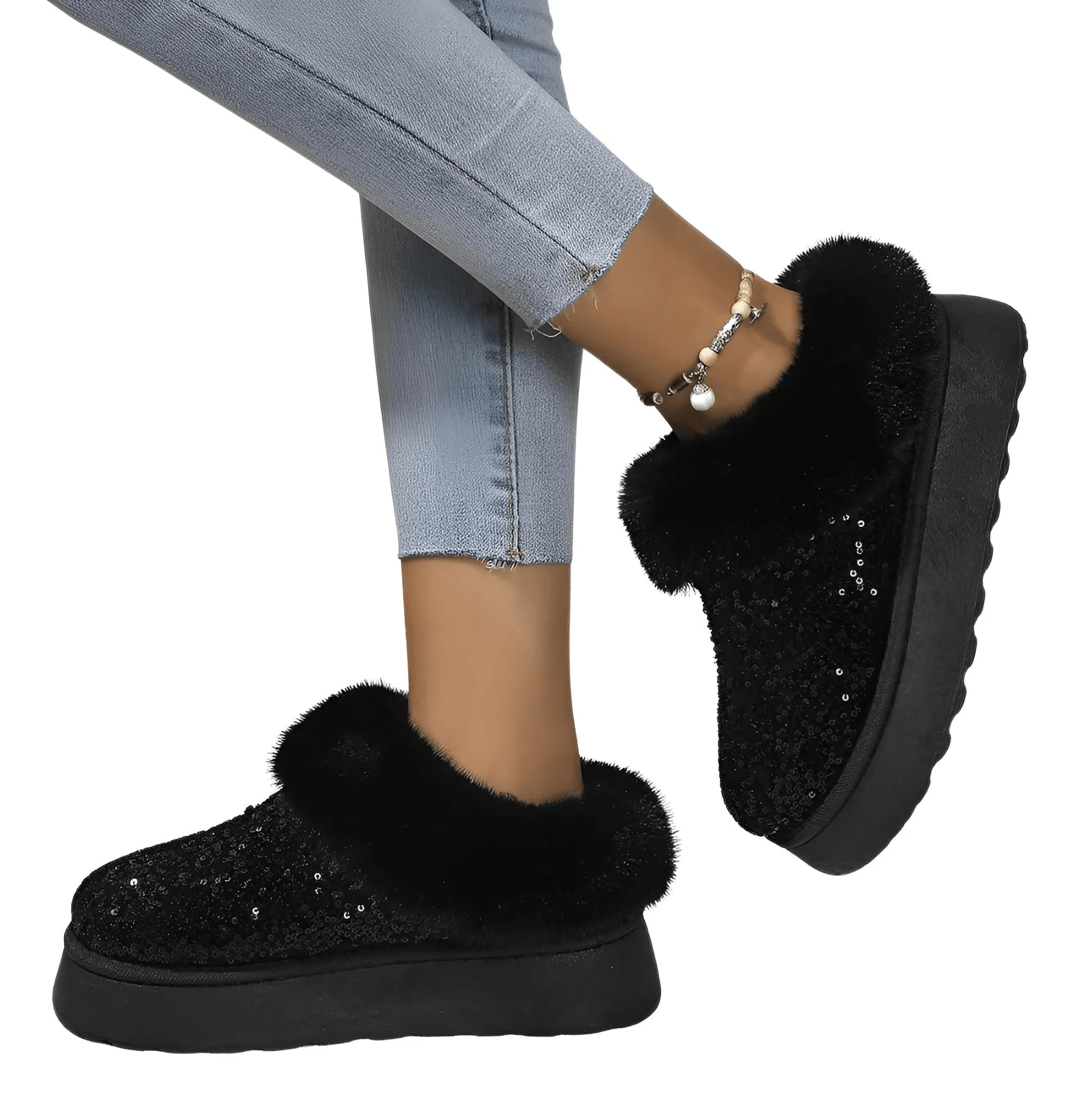 Women's Ankle Snow Boot Slippers Winter New Fashion Shiny Fur Short Plush Warm Flats Slippers Platform Shoes