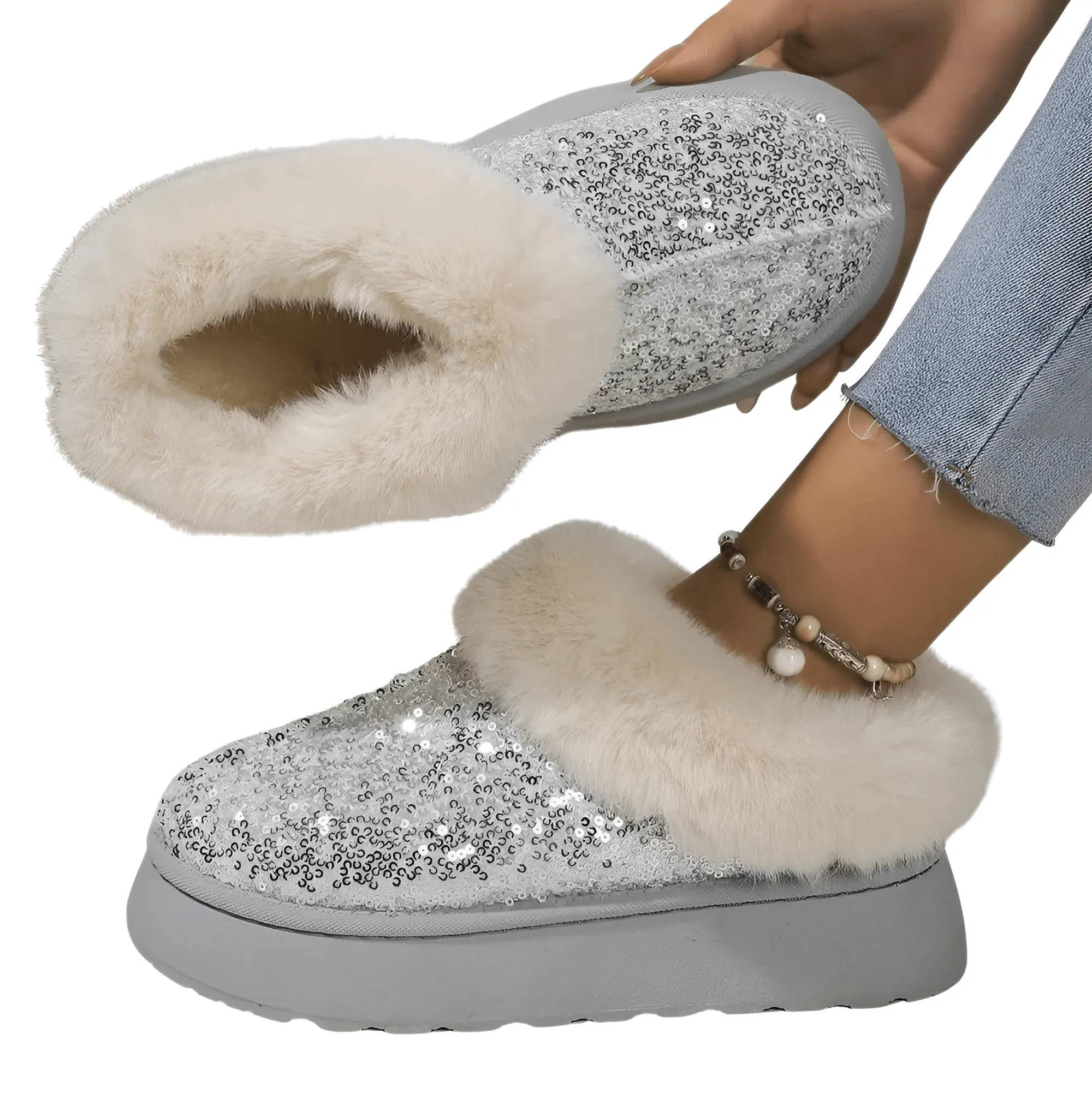 Women's Ankle Snow Boot Slippers Winter New Fashion Shiny Fur Short Plush Warm Flats Slippers Platform Shoes