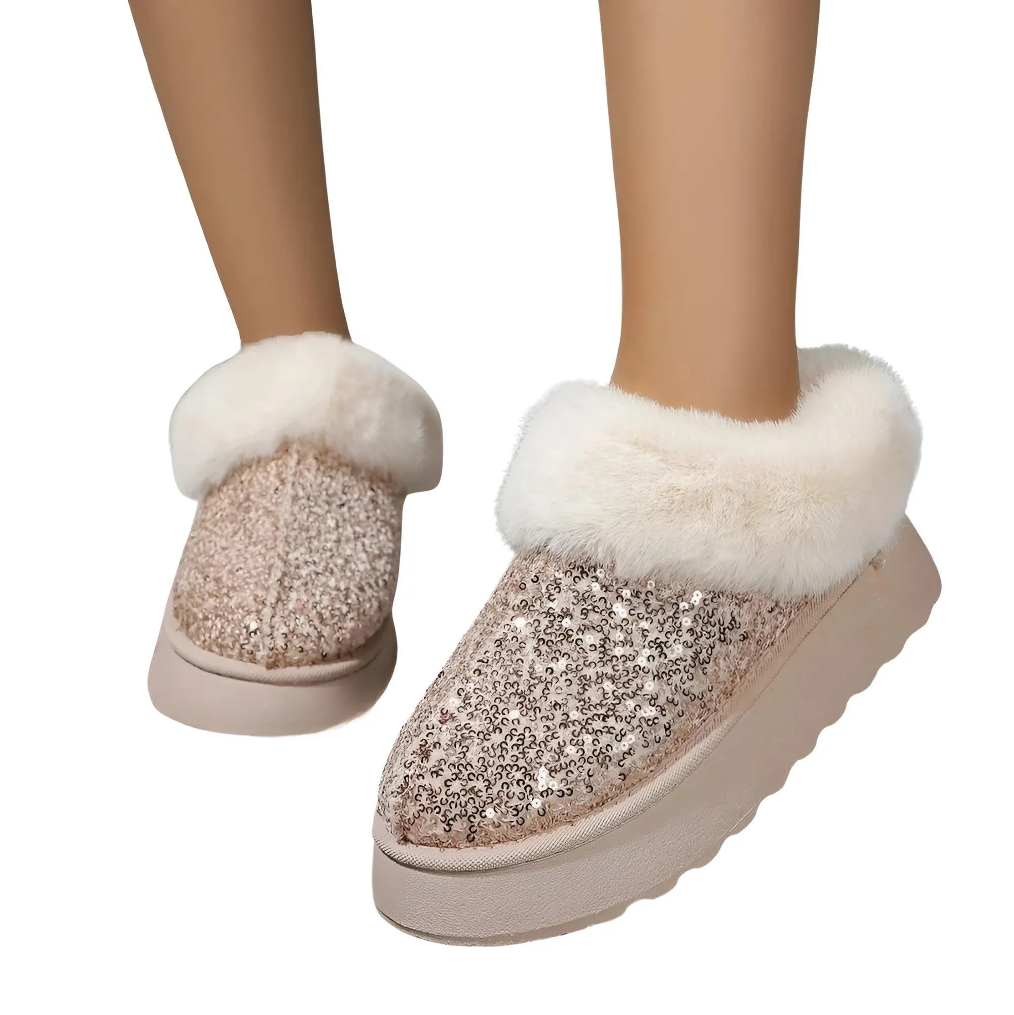 Women's Ankle Snow Boot Slippers Winter New Fashion Shiny Fur Short Plush Warm Flats Slippers Platform Shoes