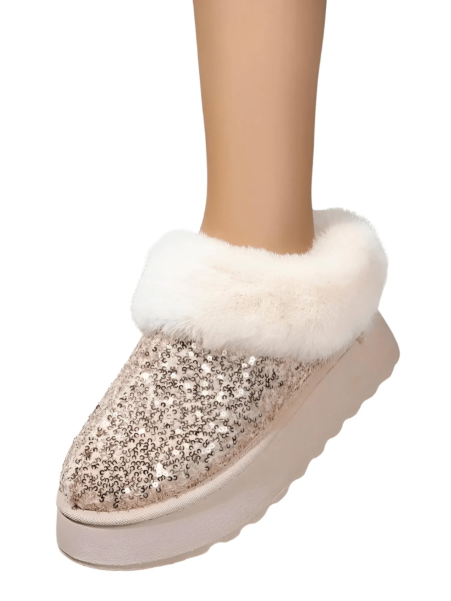 Women's Ankle Snow Boot Slippers Winter New Fashion Shiny Fur Short Plush Warm Flats Slippers Platform Shoes