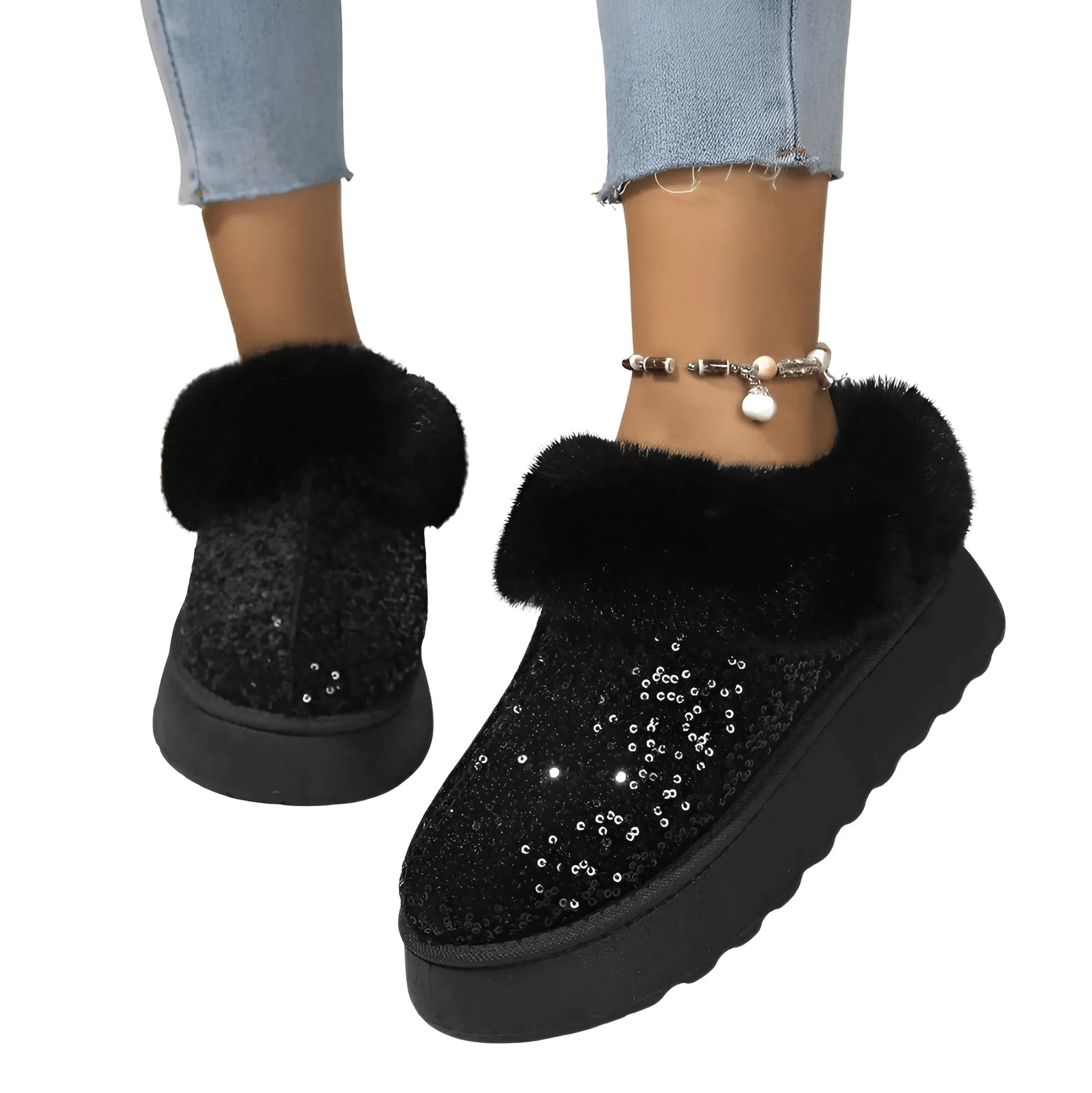 Women's Ankle Snow Boot Slippers Winter New Fashion Shiny Fur Short Plush Warm Flats Slippers Platform Shoes