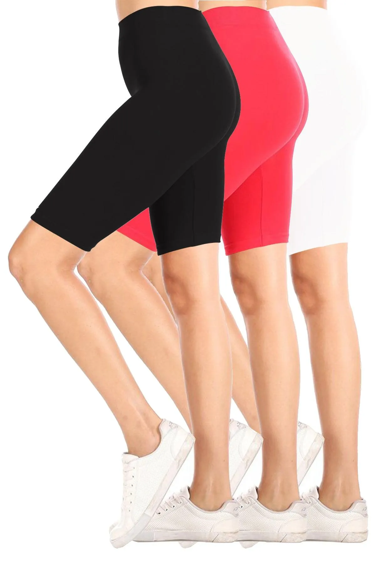 Women's Casual High Waist Stretch Basic  Mid Thigh Active Biker Shorts Pants (Pack of 3)