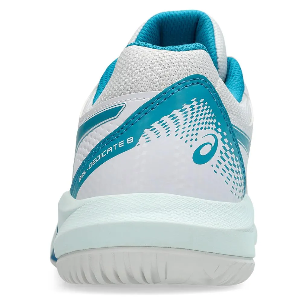 Womens Gel-Dedicate 8 Wide Tennis Shoes White and Teal Blue