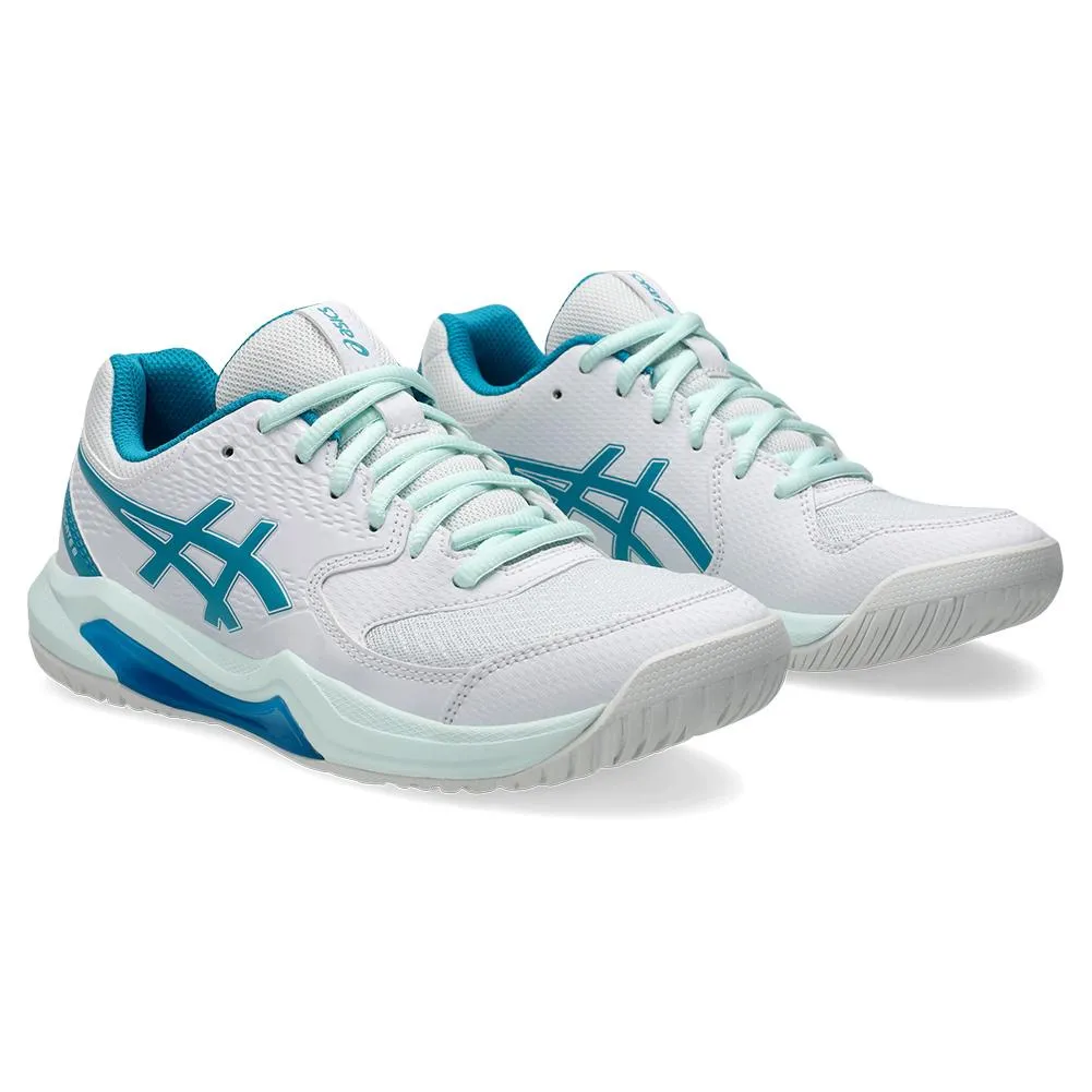 Womens Gel-Dedicate 8 Wide Tennis Shoes White and Teal Blue