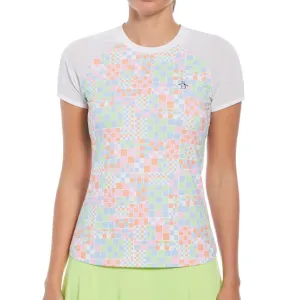 Women's Short Sleeve Printed Tennis Crew with Mesh Bright White